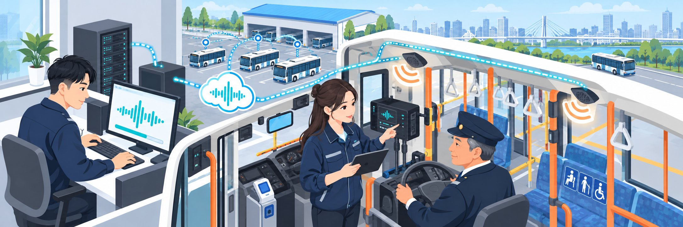 AI音声合成でバス車内放送を自動生成、全333両で更新をオンライン化 のプロジェクト概要図解