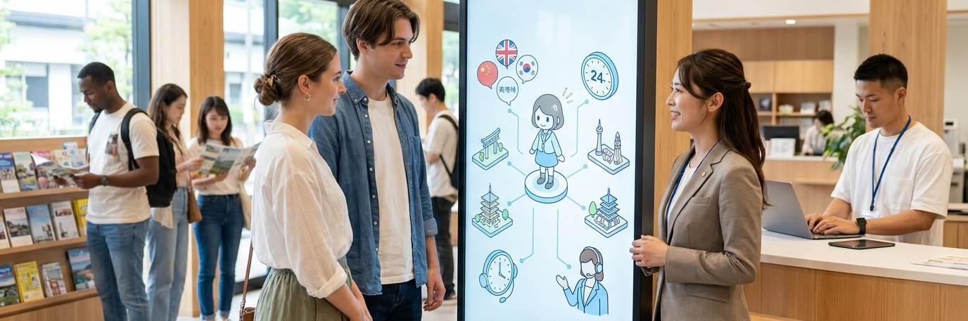 観光案内の多言語対応と人手不足をAIアバターで解決し、24時間接客を実現 のプロジェクト概要図解