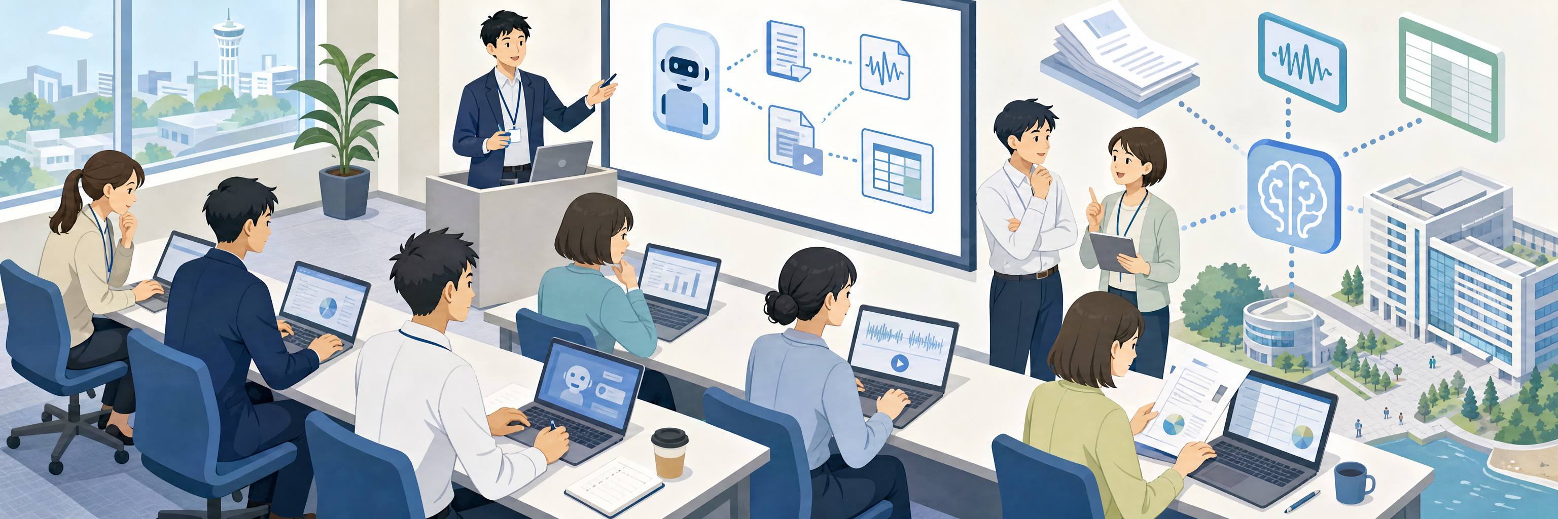 藤沢市が全職員4000人に生成AI、体験型セミナーで対話数2倍以上へ のプロジェクト概要図解