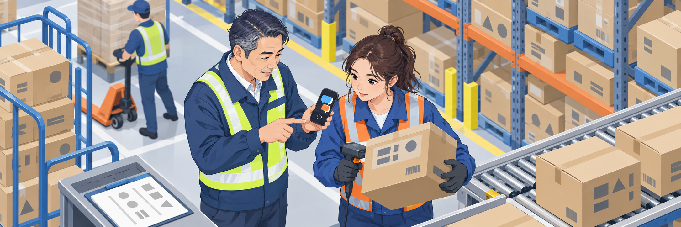 物流現場の言葉の壁にAI通訳機、会話の所要時間が約5割まで短縮 のプロジェクト概要図解