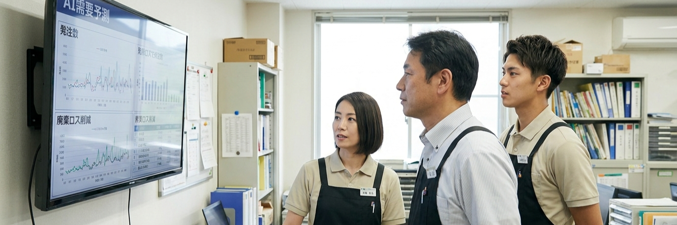 生鮮部門の複雑な発注業務をAI需要予測で自動化!作業時間と廃棄ロスを削減 のプロジェクト概要図解
