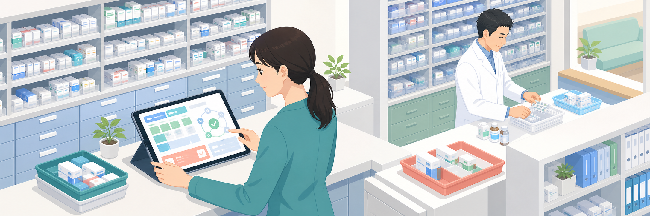 AI在庫管理で発注業務を事務へ、事業承継した調剤薬局の基盤づくり のプロジェクト概要図解