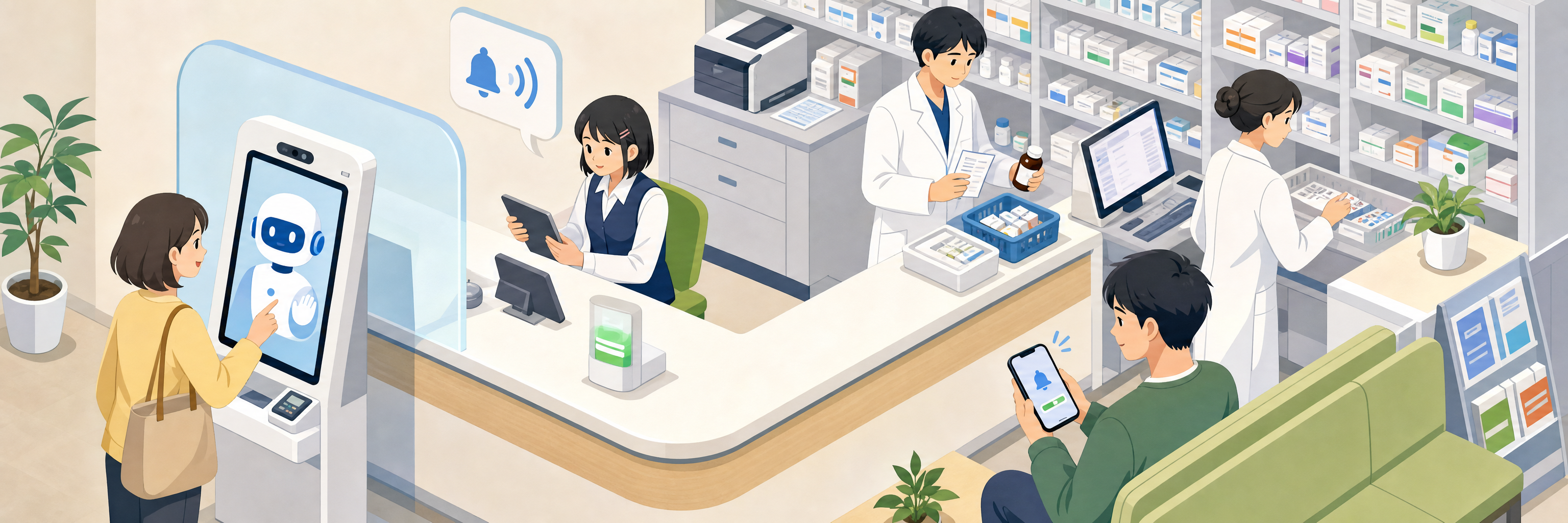 薬局の受付をAIに一本化、薬剤師の業務中断が約8割減った現場の運用 のプロジェクト概要図解