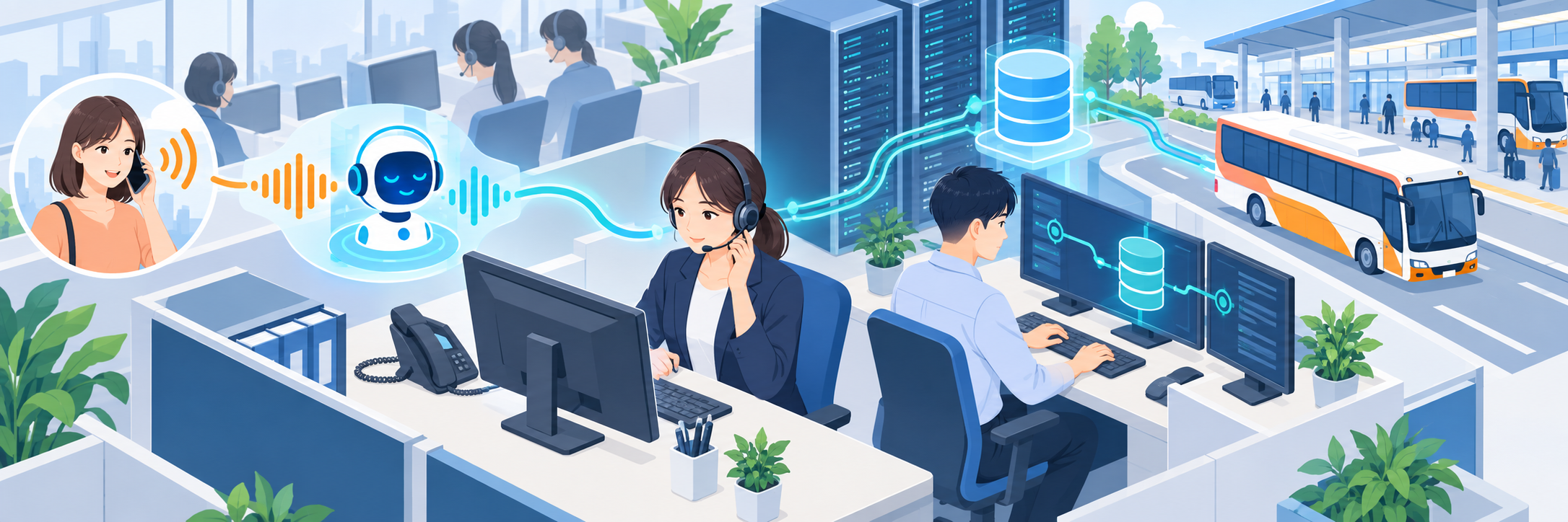 高速バス予約サイトの電話窓口を自動応答AIに、有人対応28%削減 のプロジェクト概要図解