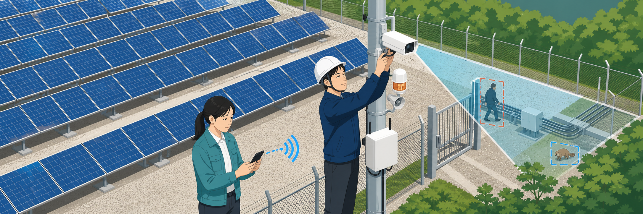 通信のない太陽光発電所にAIカメラ、三井住友海上のケーブル盗難対策 のプロジェクト概要図解