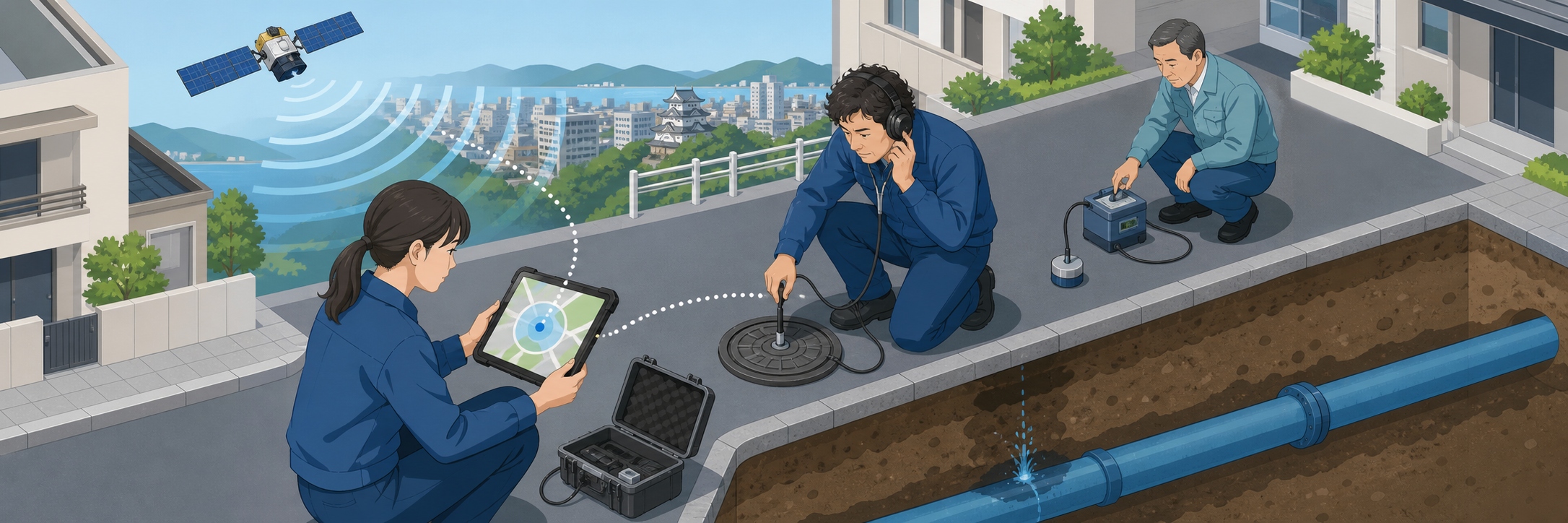 衛星とAIで漏水箇所を絞り、現地調査を約4分の1に。和歌山市の水道管路調査 のプロジェクト概要図解