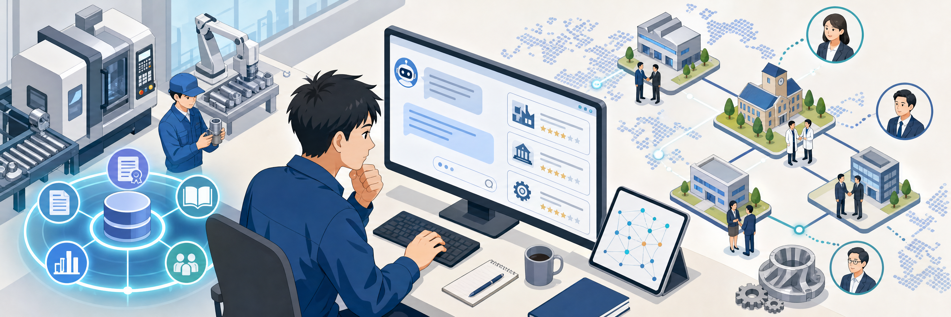 数日かかる技術パートナー探索を数分に、製造業向けサービスのAIチャット開発支援 のプロジェクト概要図解
