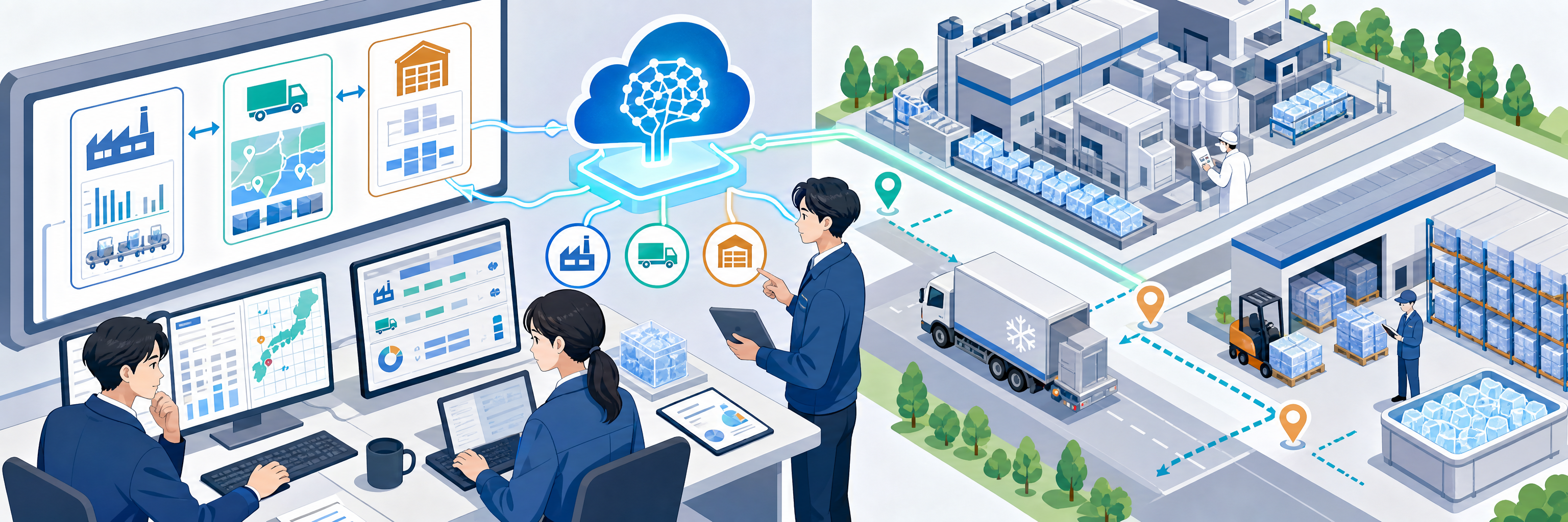 日立とニチレイ・アイス、AIで生産・輸送・在庫の計画立案時間を約70%短縮 のプロジェクト概要図解