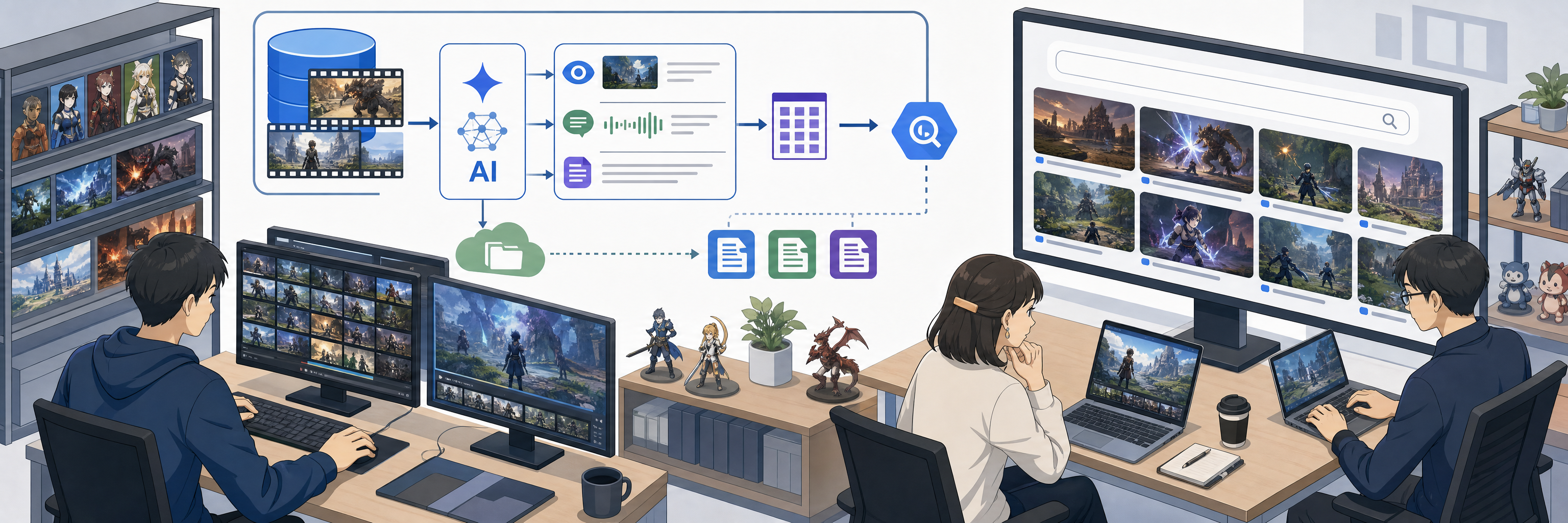 バンダイナムコがゲーム映像から目的のシーンを言葉で探す生成AI検索の実証 のプロジェクト概要図解