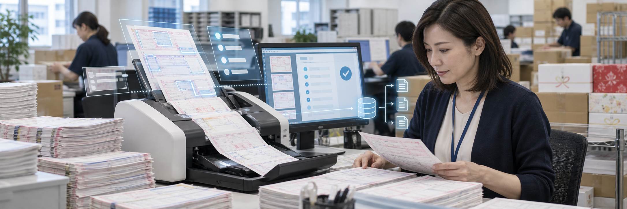 AI-OCRで宅配伝票を自動処理し繁忙期1,200時間削減、運送会社の省人化 のプロジェクト概要図解