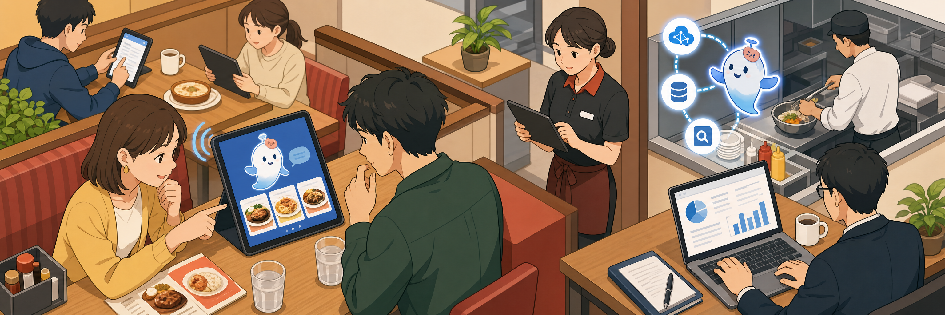 すかいらーくが生成AIで接客を補完、ガスト1店舗でタブレット会話を実証実験 のプロジェクト概要図解