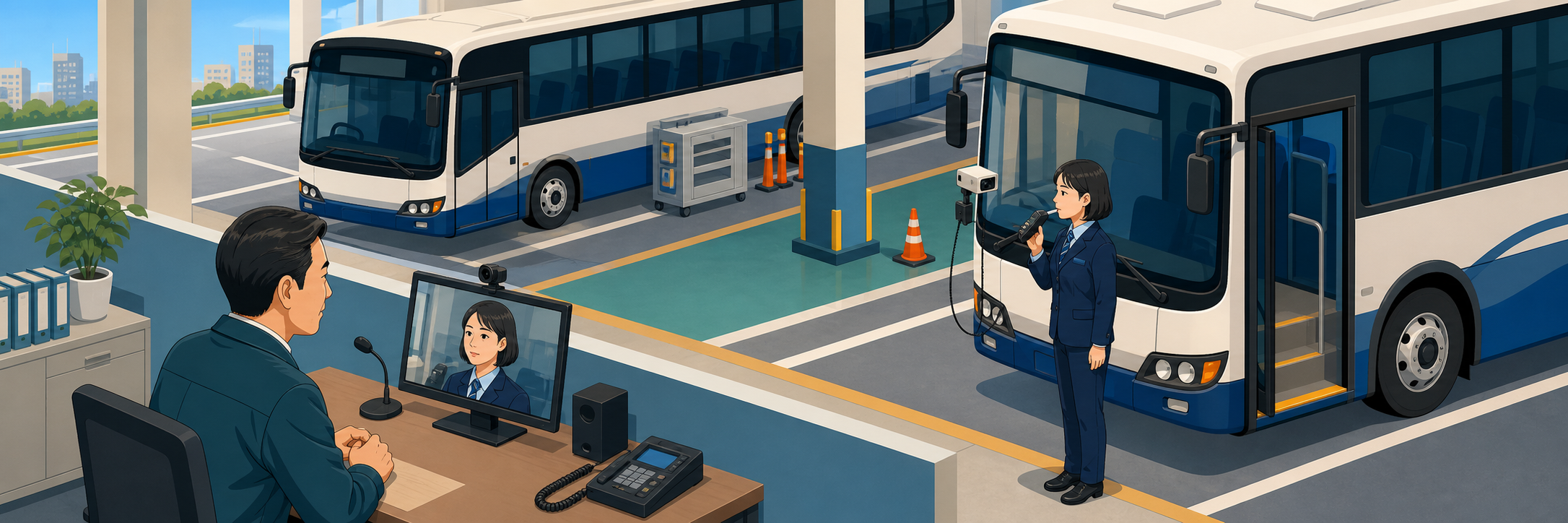 バス運転手の点呼をカメラ越しに遠隔化、試験運用で1日平均8時間削減 のプロジェクト概要図解