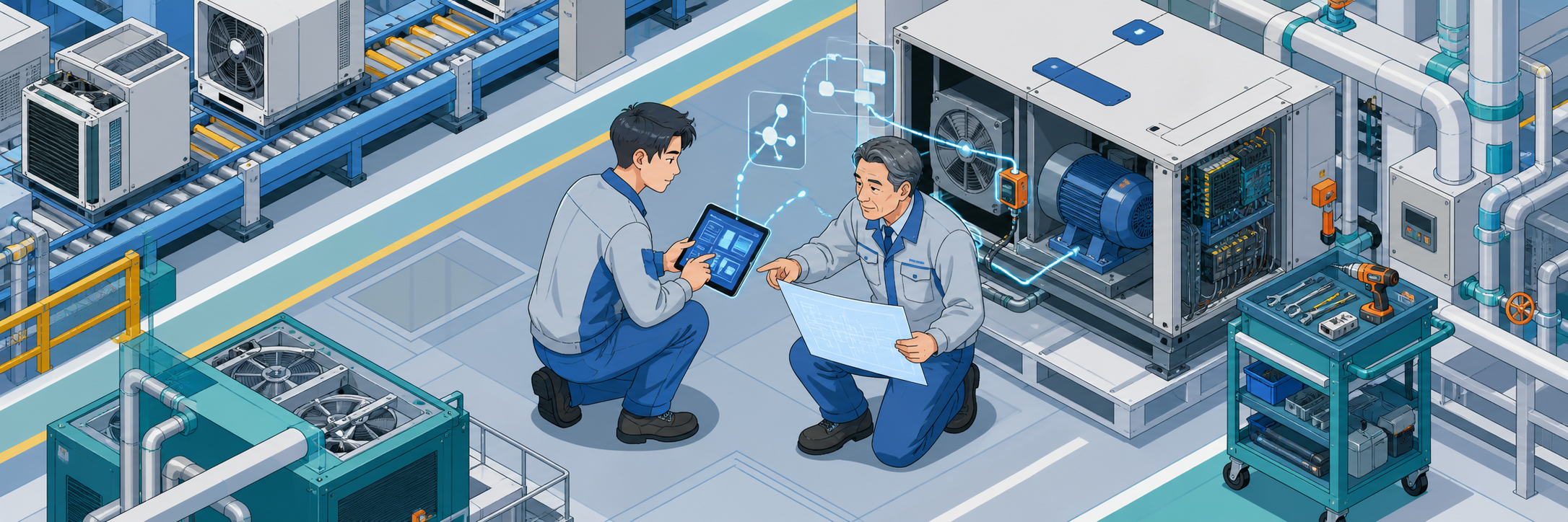 ダイキン工業と日立、熟練者の勘を学ぶ設備故障診断AIの実証で回答精度90%超 のプロジェクト概要図解