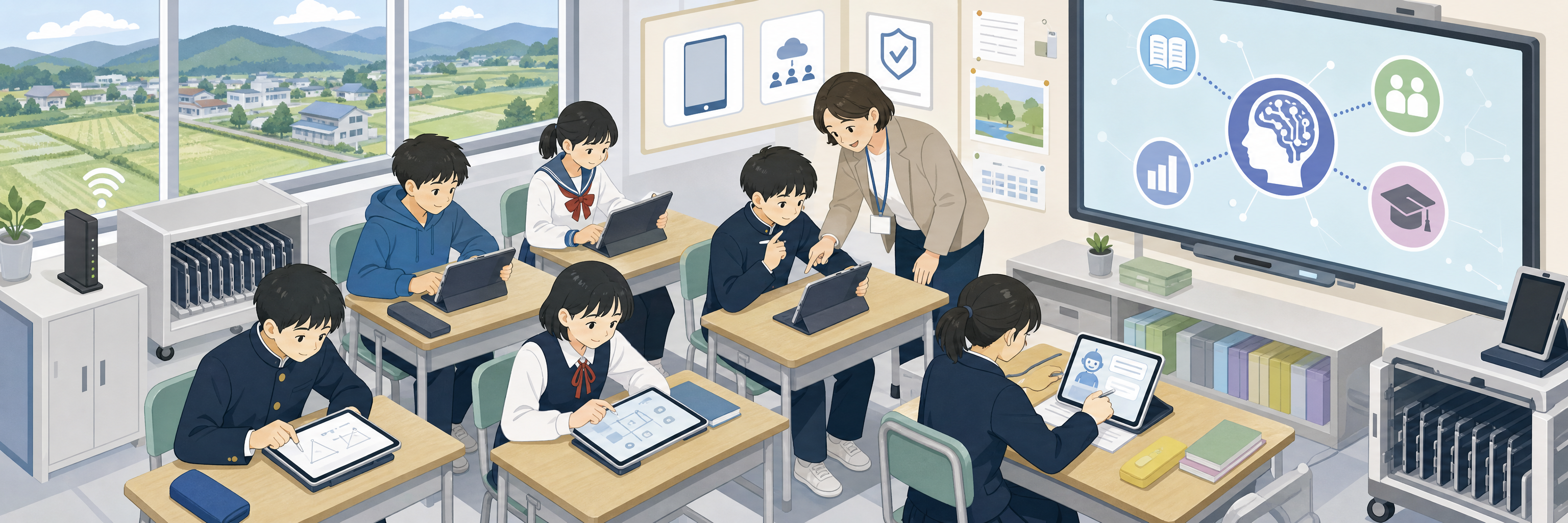 人口2,700人の村の小中学校、端末220台の整備からAIドリル・生成AI試行へ のプロジェクト概要図解
